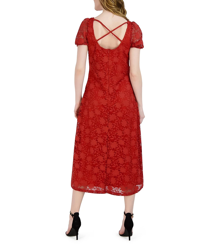 Julia Jordan Lace Short Puff Sleeve Midi Dress