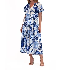 Julia Jordan Linen Blend Floral Print V Neck Short Sleeve Tiered A-Line Midi Dress