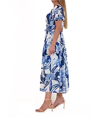 Julia Jordan Linen Blend Floral Print V Neck Short Sleeve Tiered A-Line Midi Dress