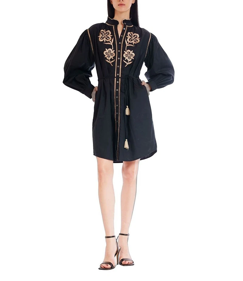 Julia Jordan Long Sleeve Embroidered Self Tie A-Line Shirt Dress