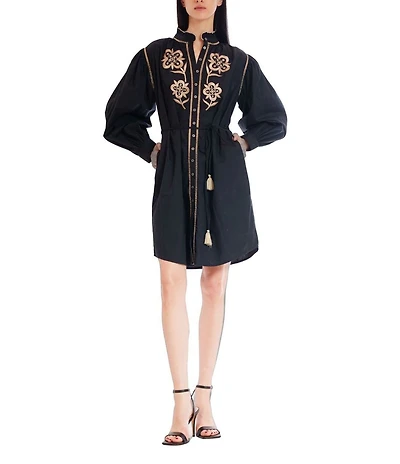 Julia Jordan Long Sleeve Embroidered Self Tie A-Line Shirt Dress