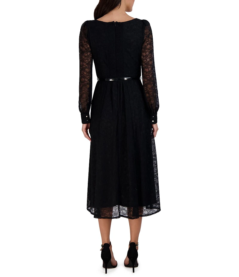 Julia Jordan Long Sleeve Lace Scoop Neck Belted Midi Dress