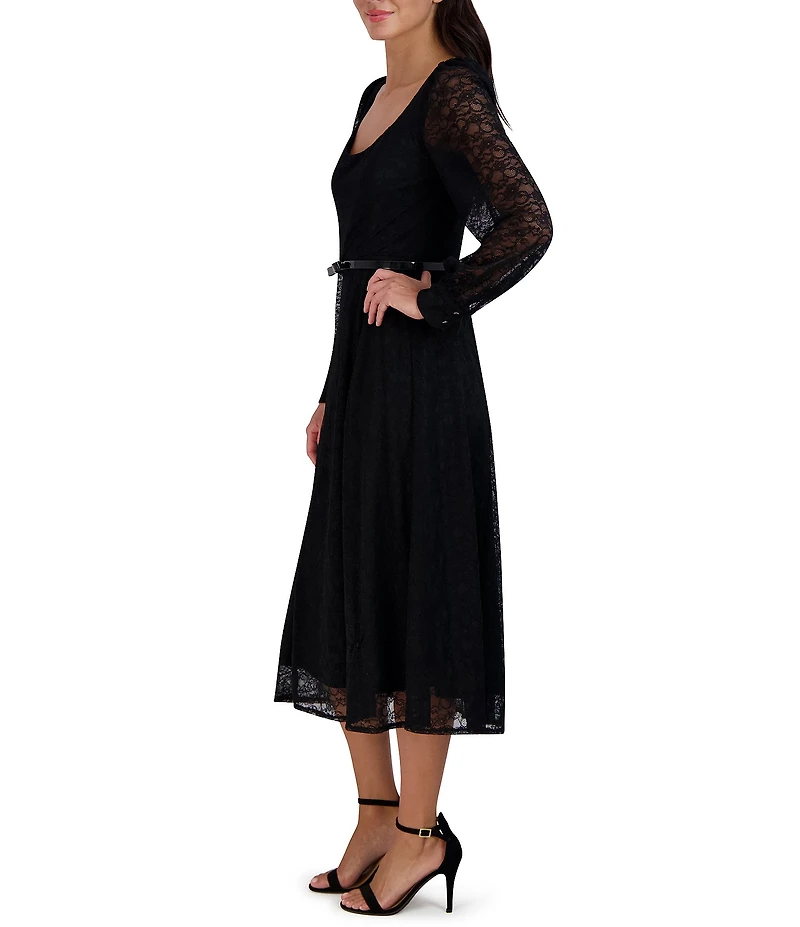 Julia Jordan Long Sleeve Lace Scoop Neck Belted Midi Dress