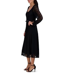 Julia Jordan Long Sleeve Lace Scoop Neck Belted Midi Dress