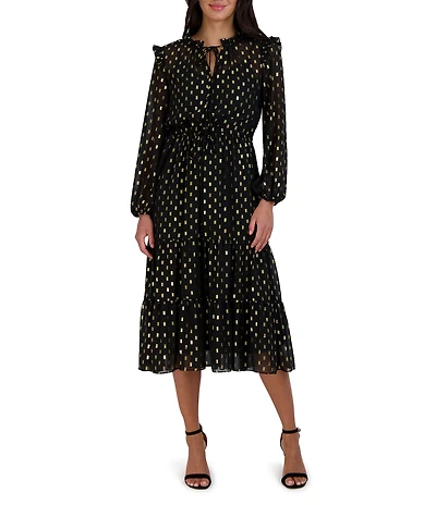 Julia Jordan Long Sleeve Ruffle Foil Midi Dress