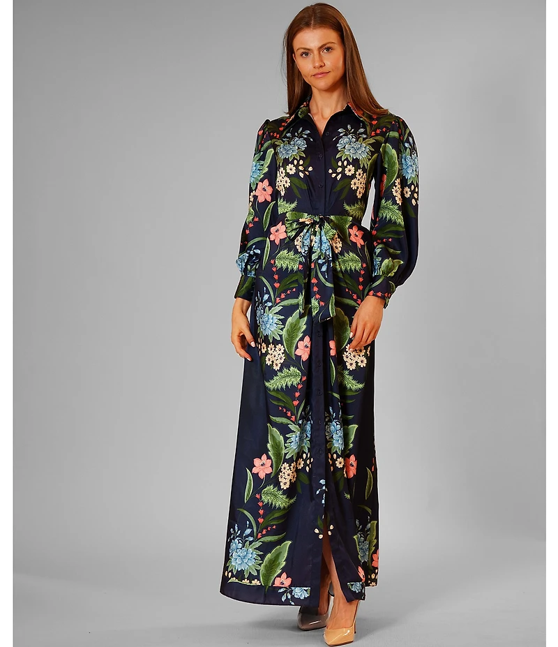 Julia Jordan Long Sleeve Self Tie At Waist Maxi Shirt Dress