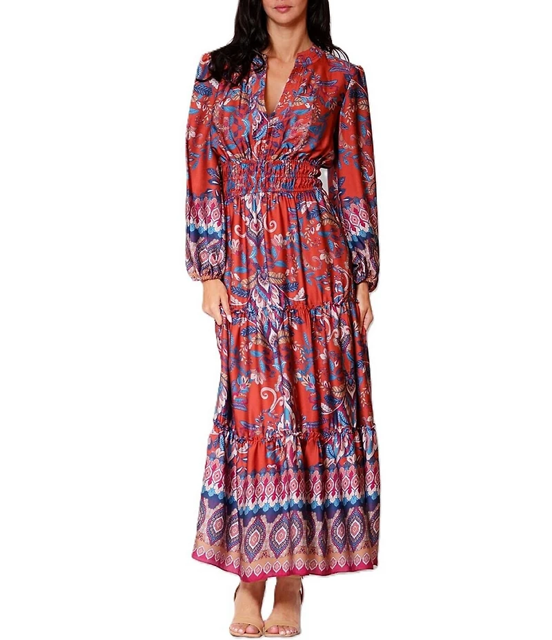 Julia Jordan Long Sleeve V-Neck Tiered Maxi Dress
