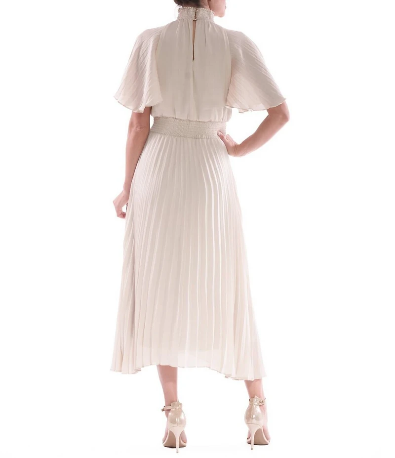 Julia Jordan Mock Neck Pleated Satin Yoryu Blouson Midi Dress