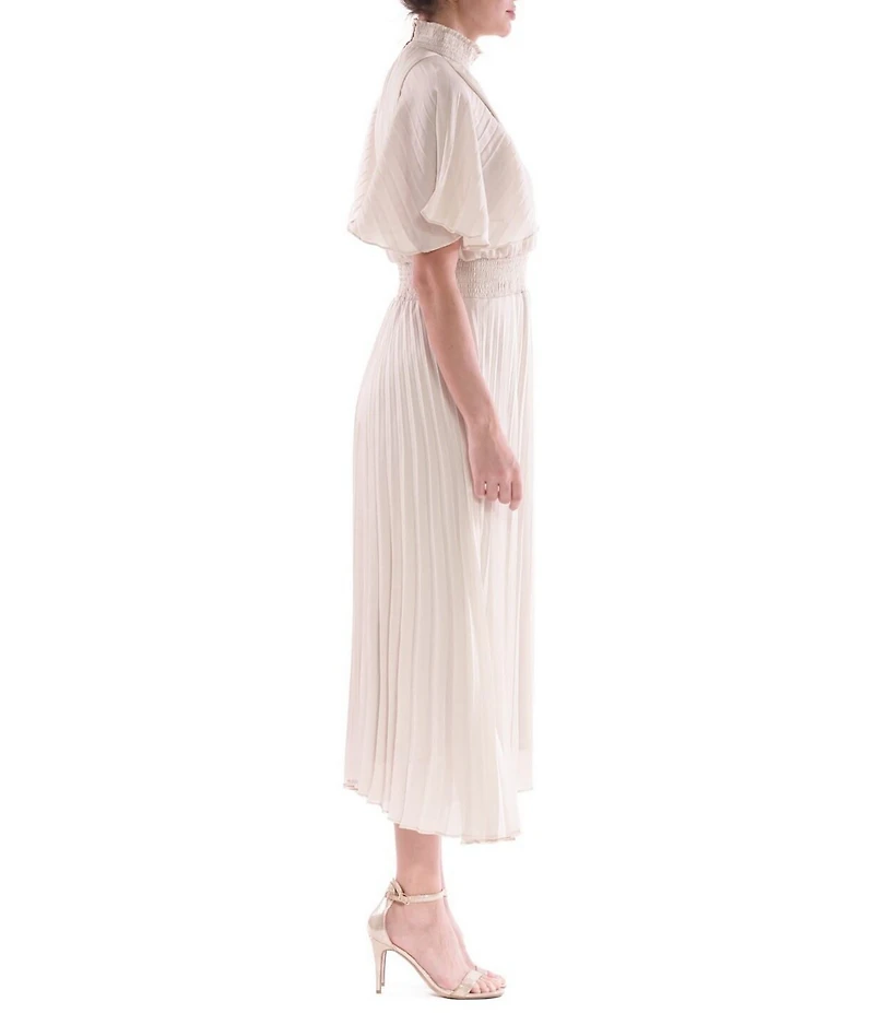 Julia Jordan Mock Neck Pleated Satin Yoryu Blouson Midi Dress