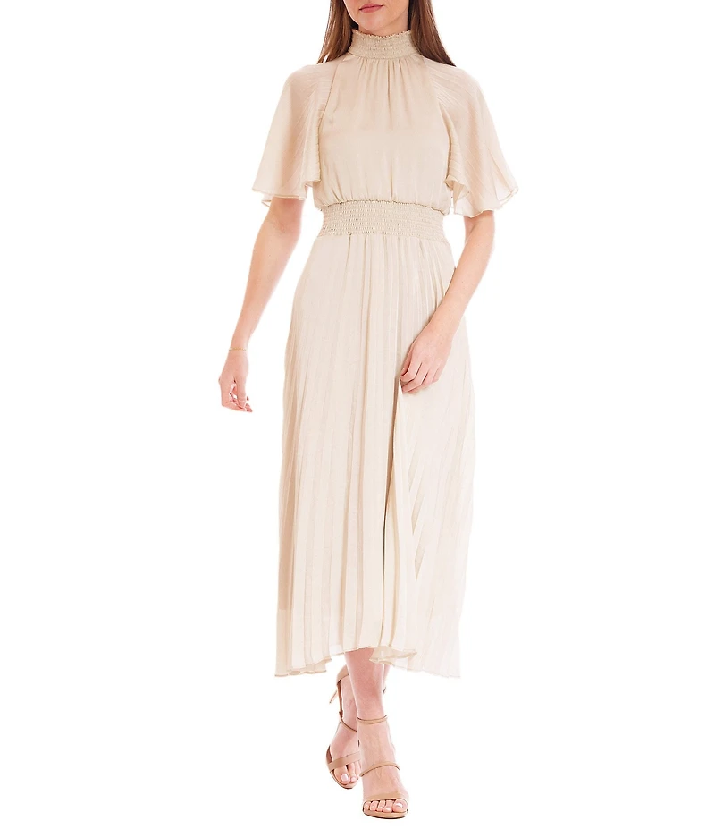 Julia Jordan Mock Neck Pleated Satin Yoryu Blouson Midi Dress