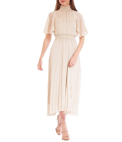 Julia Jordan Mock Neck Pleated Satin Yoryu Blouson Midi Dress