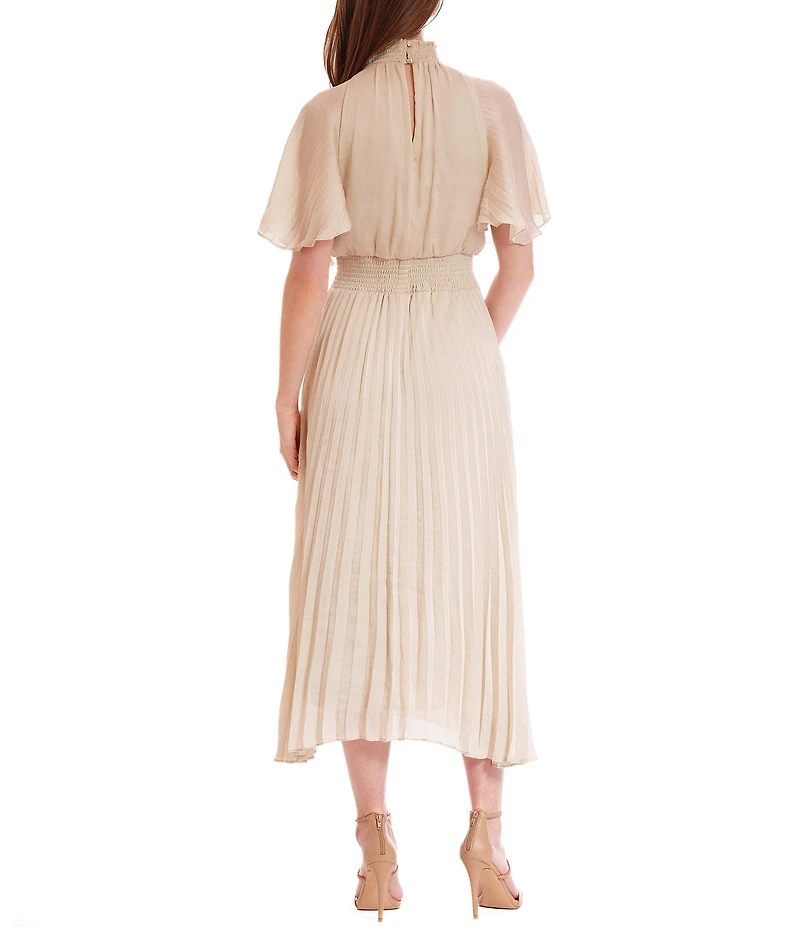 Julia Jordan Mock Neck Pleated Satin Yoryu Blouson Midi Dress