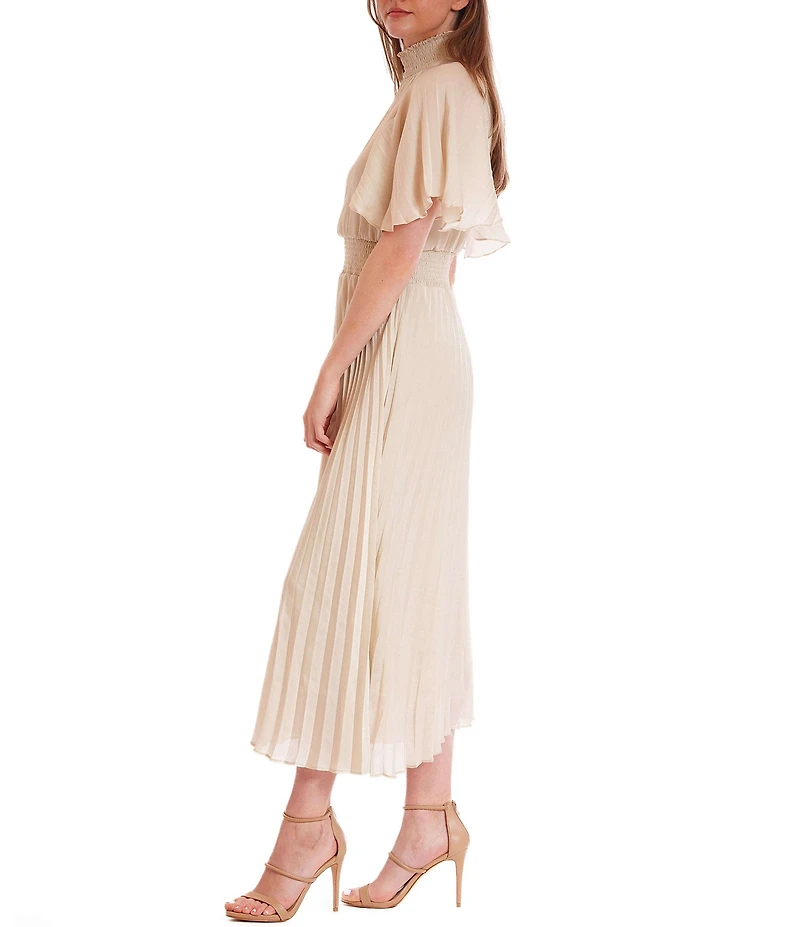 Julia Jordan Mock Neck Pleated Satin Yoryu Blouson Midi Dress