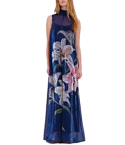 Julia Jordan Mock Neck Printed Organza Maxi Dress