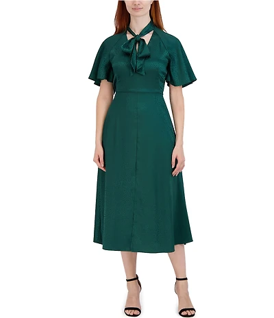 Julia Jordan Neck Tie Short Sleeve Satin Midi Dress