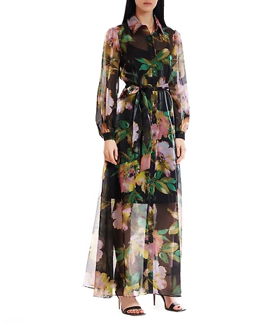 Julia Jordan Organza Collar Neckline Long Sleeve Floral Belted Maxi Shirt Dress