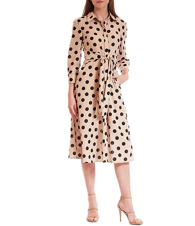 Julia Jordan Polka Dot 3/4 Sleeve Belted Midi Shirt Dress