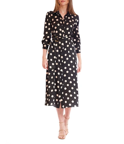 Julia Jordan Polka Dot 3/4 Sleeve Belted Midi Shirt Dress