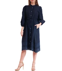 Julia Jordan Poplin Button Front Long Sleeve Midi Dress With Lace Trim