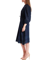 Julia Jordan Poplin Button Front Long Sleeve Midi Dress With Lace Trim