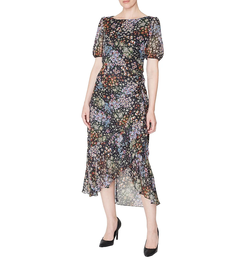 Julia Jordan Printed Chiffon Short Puff Sleeve Boat Neck Ruched Midi Dress