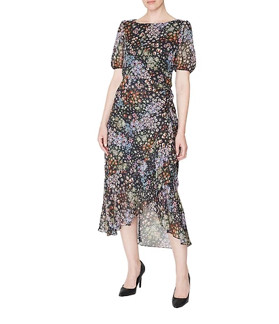Julia Jordan Printed Chiffon Short Puff Sleeve Boat Neck Ruched Midi Dress