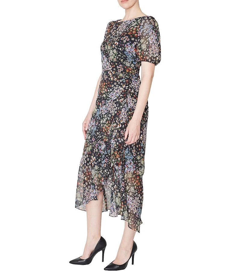 Julia Jordan Printed Chiffon Short Puff Sleeve Boat Neck Ruched Midi Dress
