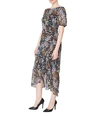 Julia Jordan Printed Chiffon Short Puff Sleeve Boat Neck Ruched Midi Dress