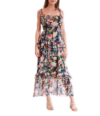 Julia Jordan Printed Chiffon Tie Shoulder Sleeveless Ruffle Tier A-Line Maxi Dress