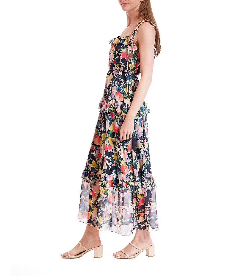 Julia Jordan Printed Chiffon Tie Shoulder Sleeveless Ruffle Tier A-Line Maxi Dress