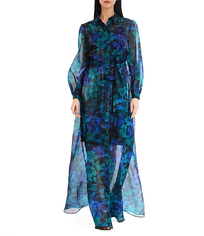 Julia Jordan Printed Organza Collar Neckline Long Sleeve Sheer Belted Maxi Shirt Dress