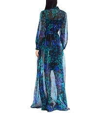 Julia Jordan Printed Organza Collar Neckline Long Sleeve Sheer Belted Maxi Shirt Dress