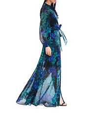Julia Jordan Printed Organza Collar Neckline Long Sleeve Sheer Belted Maxi Shirt Dress