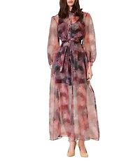 Julia Jordan Printed Organza Collar Neckline Self Tie Belt Long Sleeve Sheer Shirt Dress