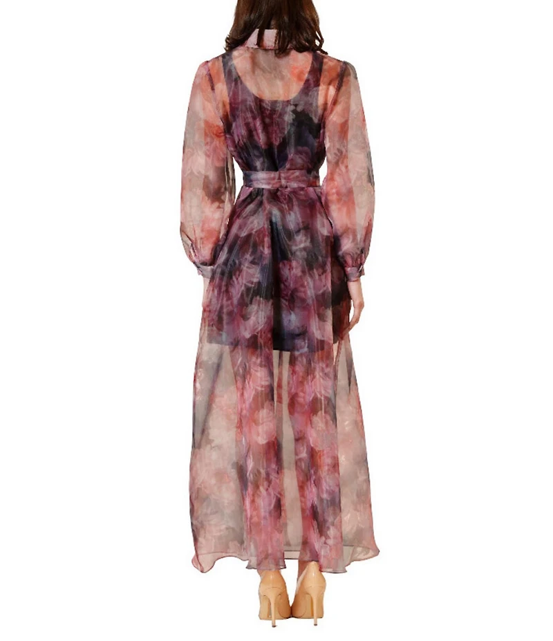 Julia Jordan Printed Organza Collar Neckline Self Tie Belt Long Sleeve Sheer Shirt Dress