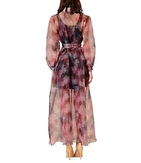 Julia Jordan Printed Organza Collar Neckline Self Tie Belt Long Sleeve Sheer Shirt Dress