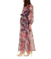 Julia Jordan Printed Organza Collar Neckline Self Tie Belt Long Sleeve Sheer Shirt Dress