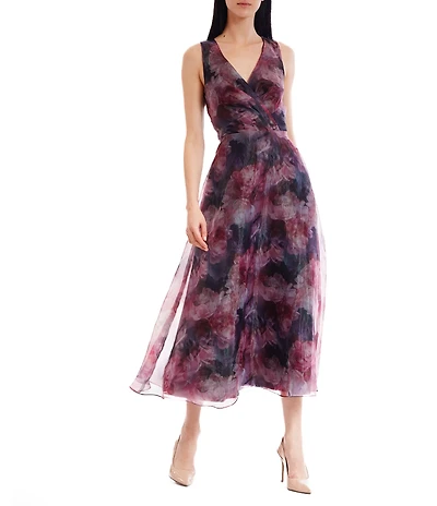 Julia Jordan Printed Organza V-Neck A-Line Midi Dress