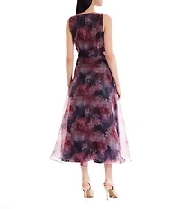 Julia Jordan Printed Organza V-Neck A-Line Midi Dress