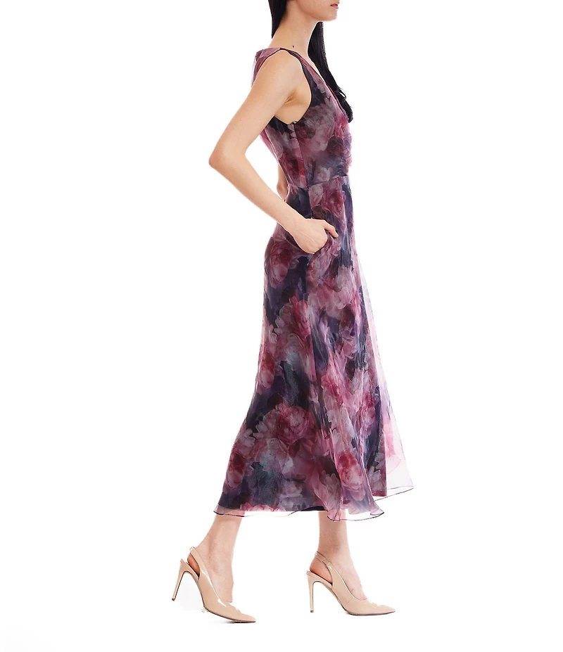 Julia Jordan Printed Organza V-Neck A-Line Midi Dress