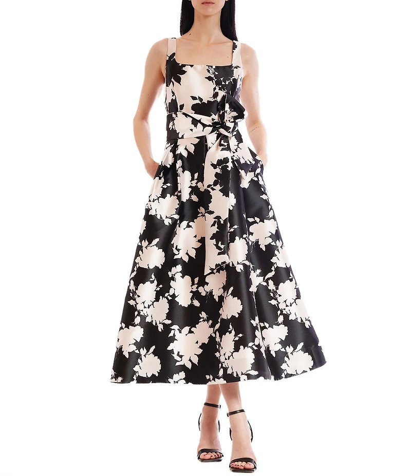 Julia Jordan Printed Square Neck A Line Tea Length Gown