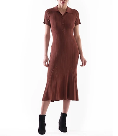 Julia Jordan Ribbed Knit Point Collar Short Sleeve Button Front Shift Dress