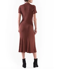 Julia Jordan Ribbed Knit Point Collar Short Sleeve Button Front Shift Dress