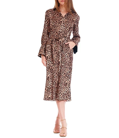 Julia Jordan Satin Animal Print Long Sleeve Ruffle Trim Self Tie Sash Midi Shirt Dress