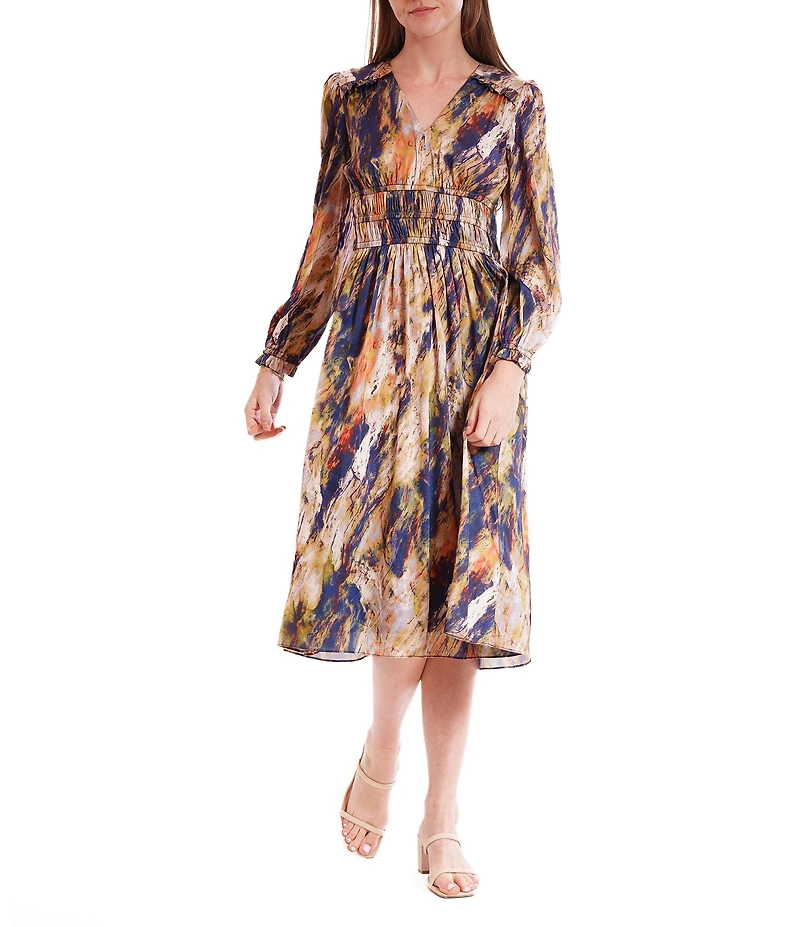Julia Jordan Satin Chiffon Printed V-Neck Long Sleeve Midi Dress
