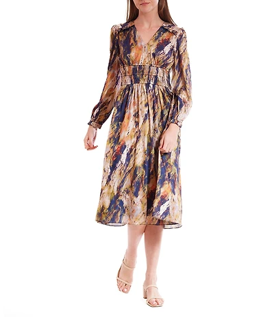 Julia Jordan Satin Chiffon Printed V-Neck Long Sleeve Midi Dress