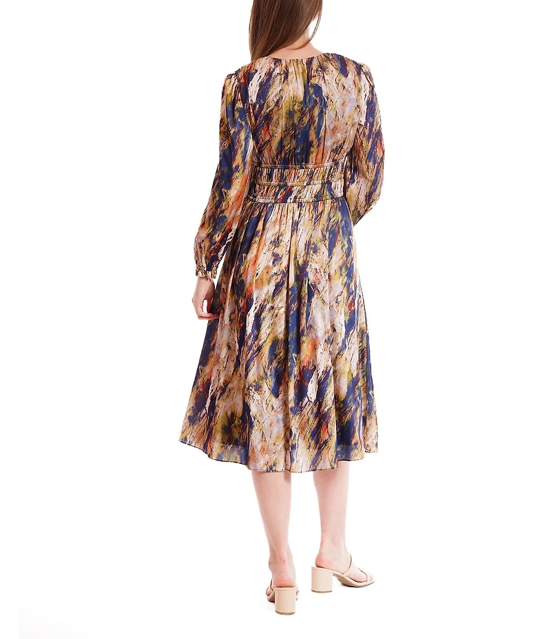 Julia Jordan Satin Chiffon Printed V-Neck Long Sleeve Midi Dress