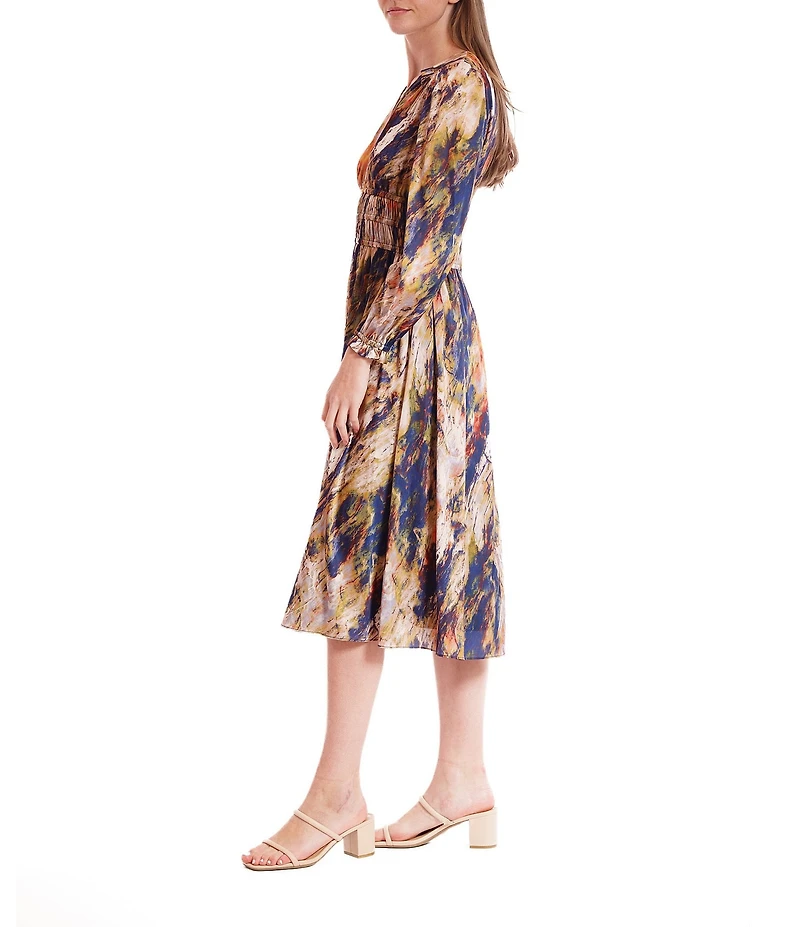 Julia Jordan Satin Chiffon Printed V-Neck Long Sleeve Midi Dress