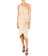 Julia Jordan Satin Knit One Shoulder Rouched Sheath Midi Dress
