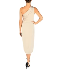 Julia Jordan Satin Knit One Shoulder Rouched Sheath Midi Dress